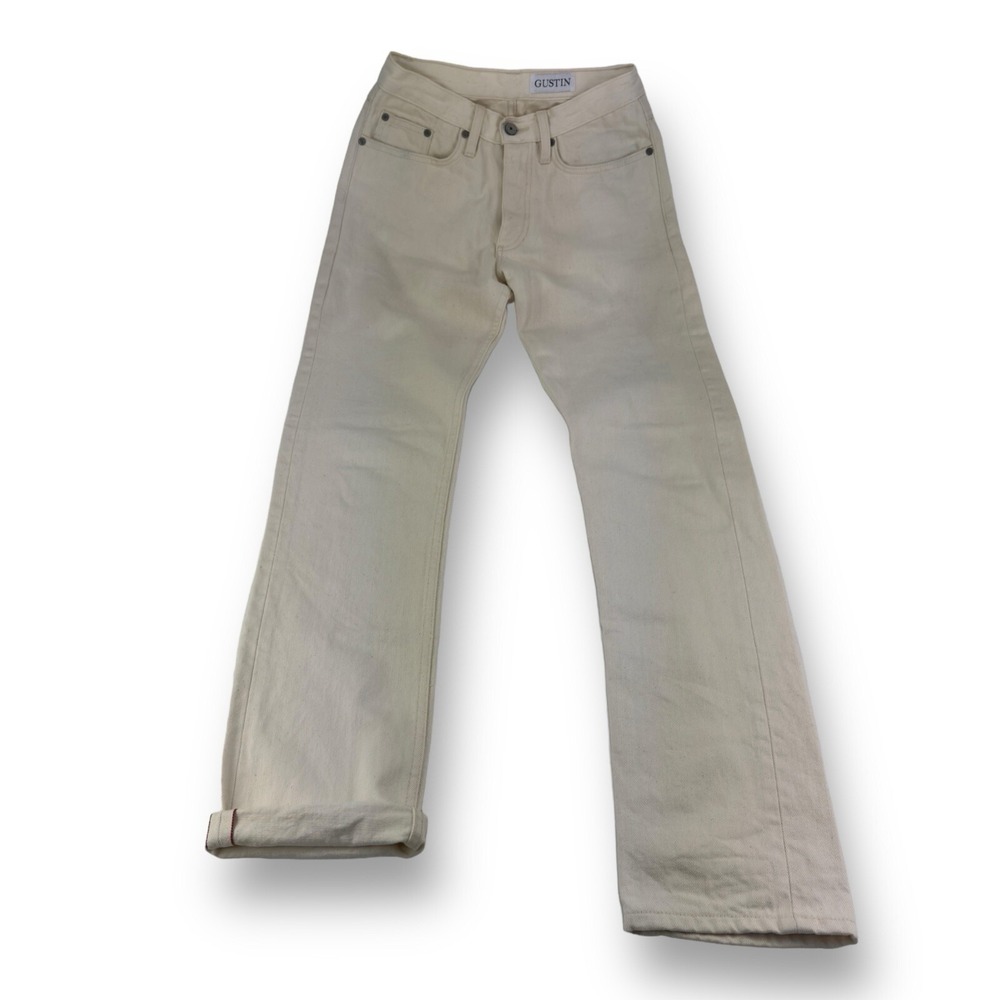 Gustin Cream Straight Raw 5 Pocket Selvedge Cotton Jeans‎ Mens Size 28x33